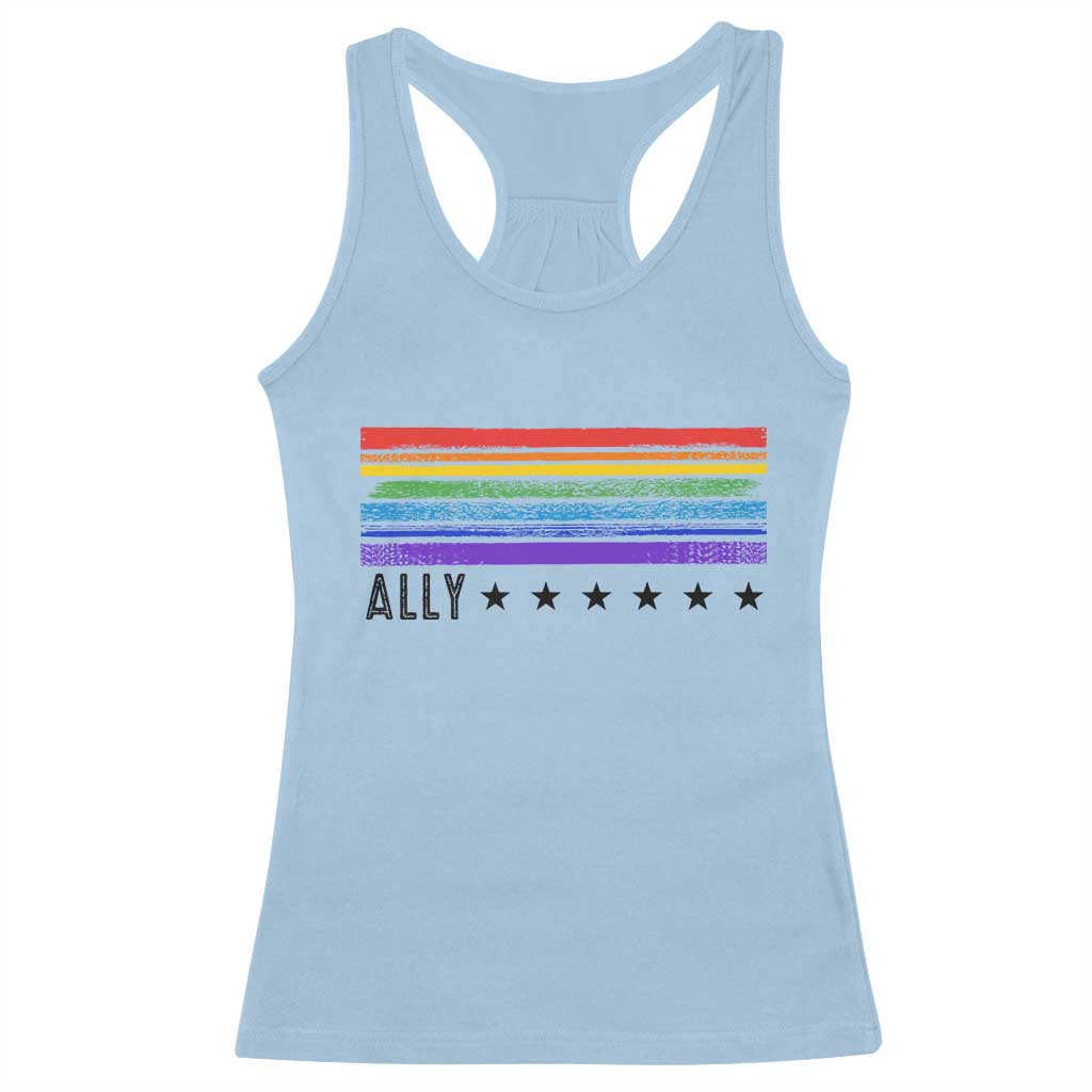 Retro Rainbow Ally Distressed Stripes Graphic Racerback Tank Top LGBTQ Support Pride Month