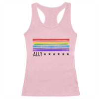 Retro Rainbow Ally Distressed Stripes Graphic Racerback Tank Top LGBTQ Support Pride Month