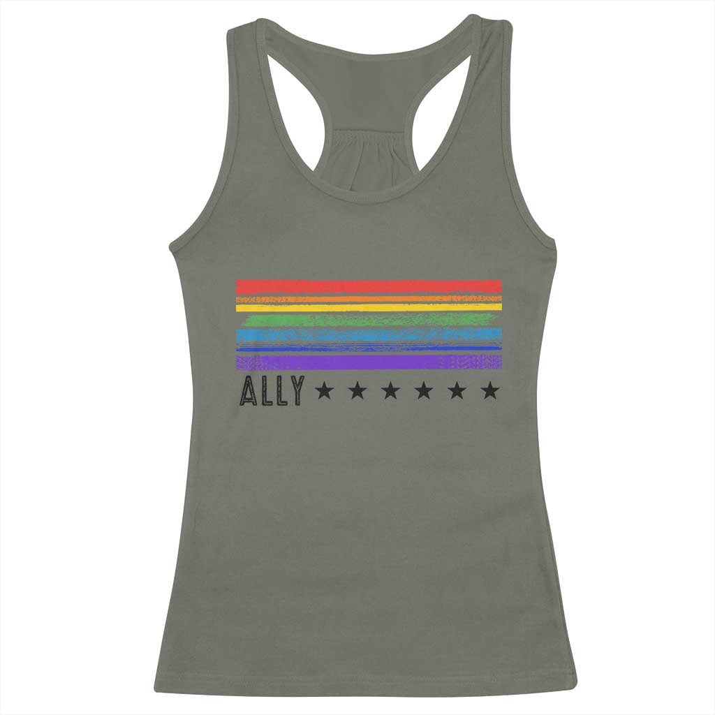 Retro Rainbow Ally Distressed Stripes Graphic Racerback Tank Top LGBTQ Support Pride Month