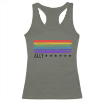 Retro Rainbow Ally Distressed Stripes Graphic Racerback Tank Top LGBTQ Support Pride Month