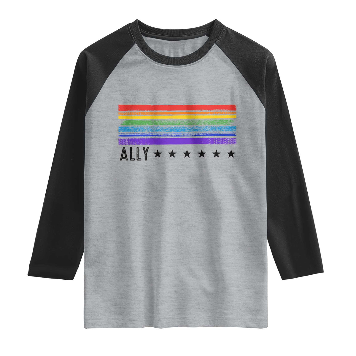 Retro Rainbow Ally Distressed Stripes Graphic Raglan Shirt LGBTQ Support Pride Month