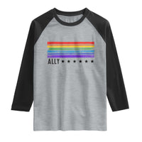 Retro Rainbow Ally Distressed Stripes Graphic Raglan Shirt LGBTQ Support Pride Month