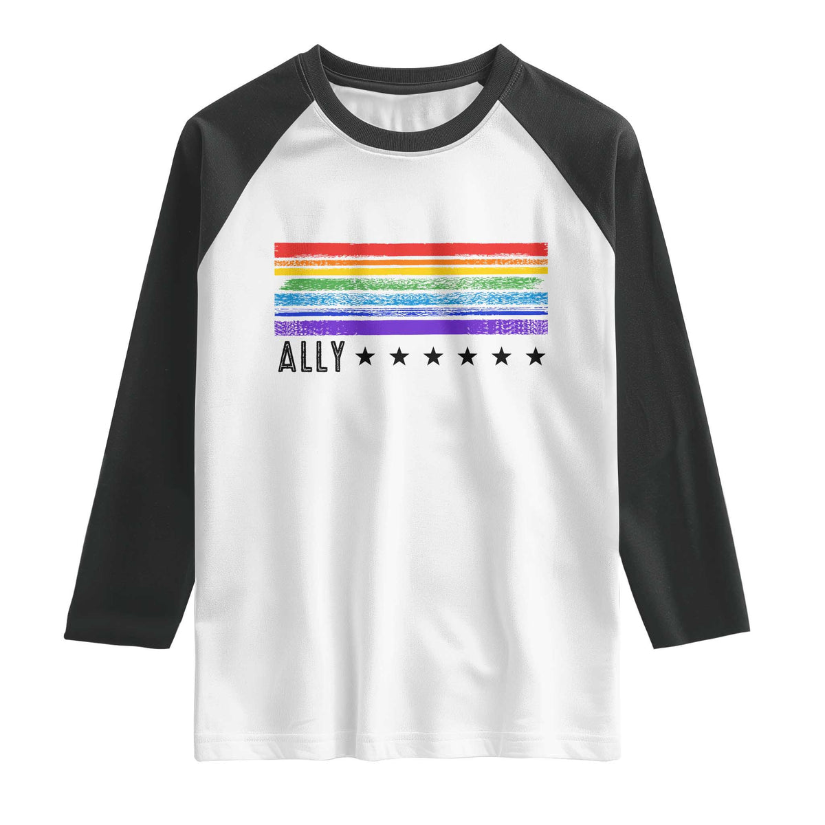 Retro Rainbow Ally Distressed Stripes Graphic Raglan Shirt LGBTQ Support Pride Month