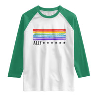 Retro Rainbow Ally Distressed Stripes Graphic Raglan Shirt LGBTQ Support Pride Month