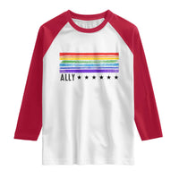 Retro Rainbow Ally Distressed Stripes Graphic Raglan Shirt LGBTQ Support Pride Month