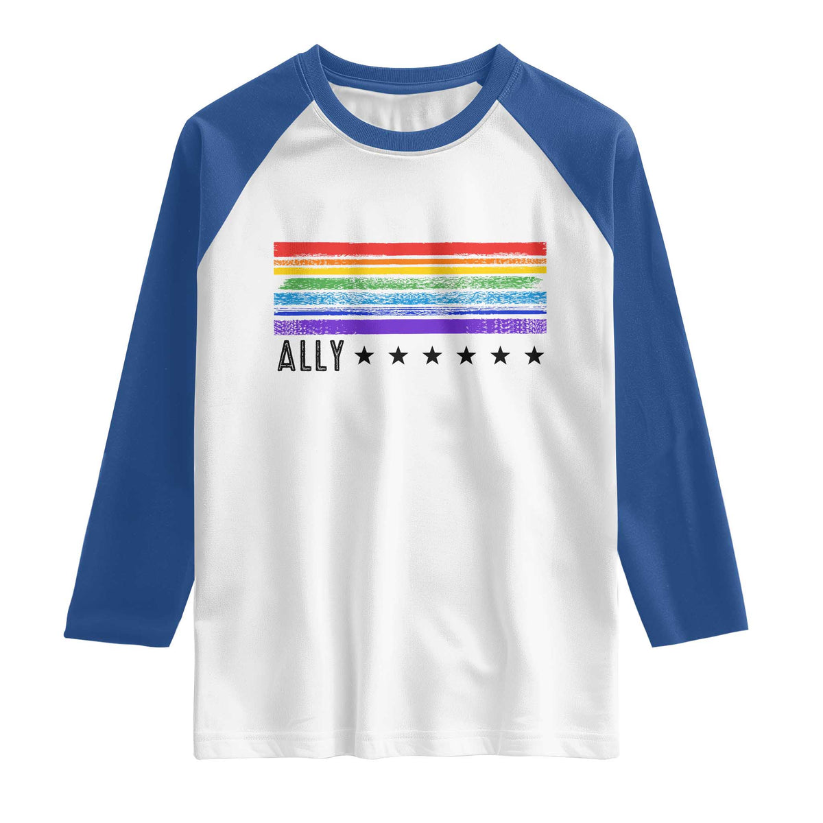 Retro Rainbow Ally Distressed Stripes Graphic Raglan Shirt LGBTQ Support Pride Month