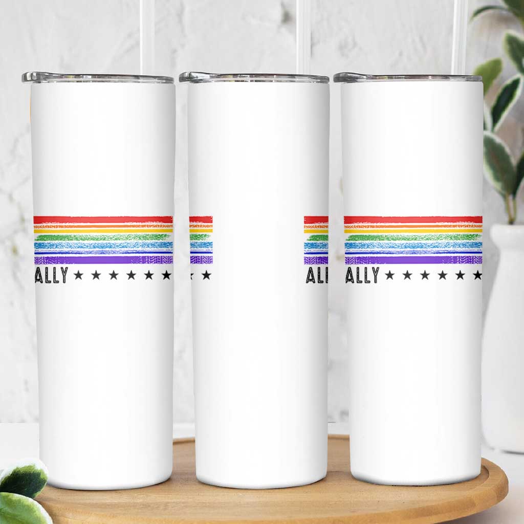 Retro Rainbow Ally Distressed Stripes Graphic Skinny Tumbler LGBTQ Support Pride Month