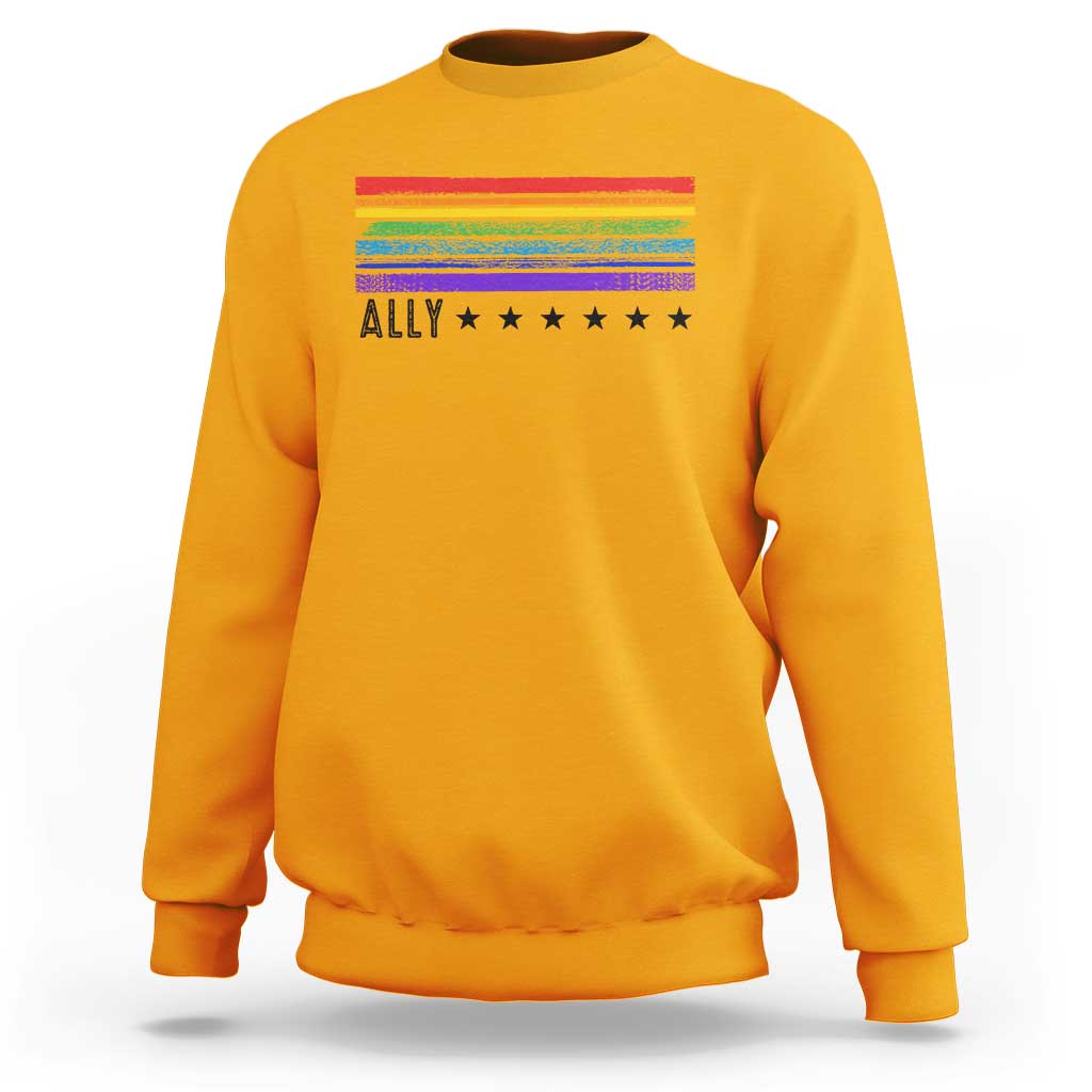 Retro Rainbow Ally Distressed Stripes Graphic Sweatshirt LGBTQ Support Pride Month