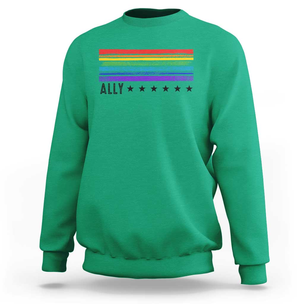 Retro Rainbow Ally Distressed Stripes Graphic Sweatshirt LGBTQ Support Pride Month
