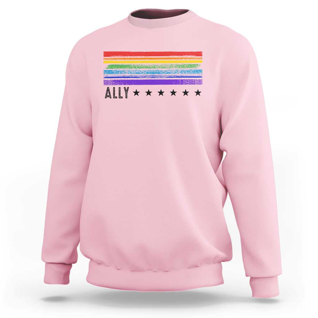 Retro Rainbow Ally Distressed Stripes Graphic Sweatshirt LGBTQ Support Pride Month