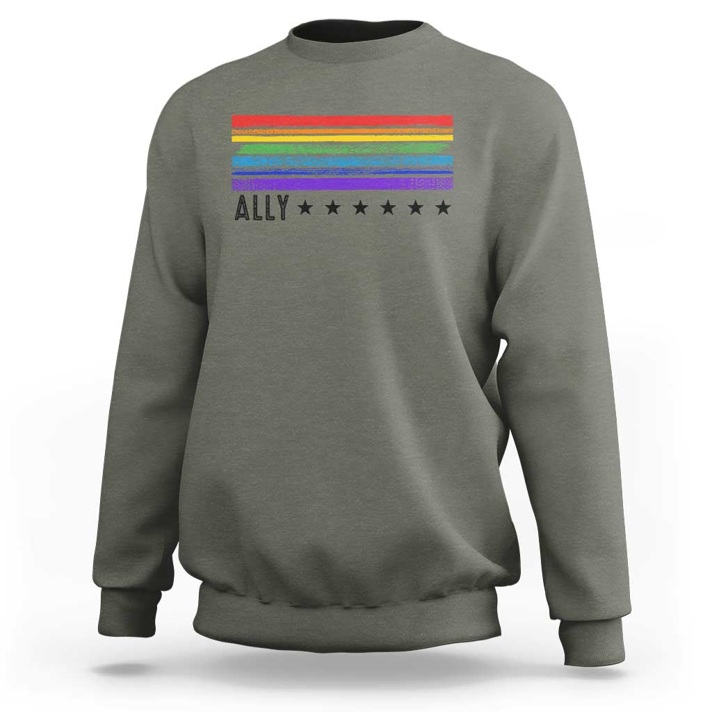 Retro Rainbow Ally Distressed Stripes Graphic Sweatshirt LGBTQ Support Pride Month