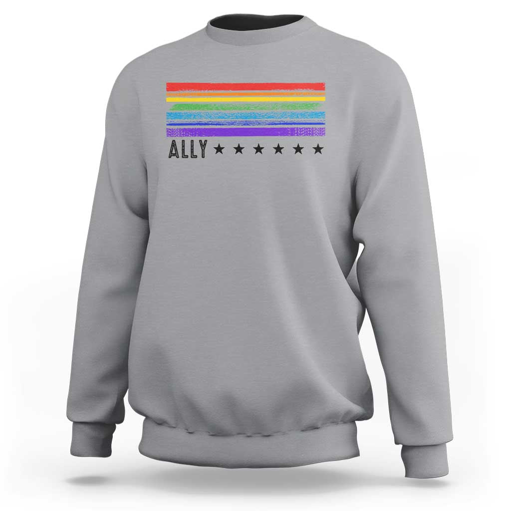 Retro Rainbow Ally Distressed Stripes Graphic Sweatshirt LGBTQ Support Pride Month