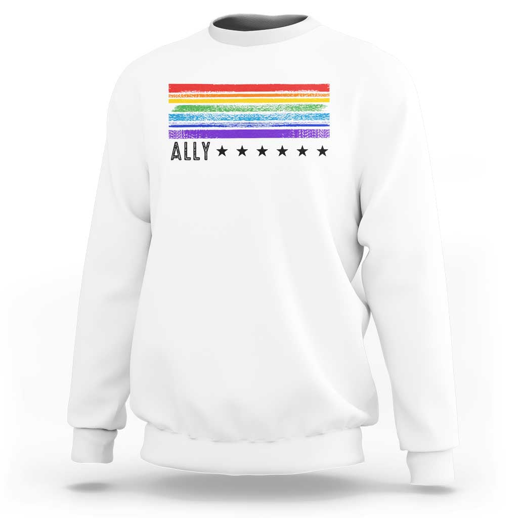 Retro Rainbow Ally Distressed Stripes Graphic Sweatshirt LGBTQ Support Pride Month