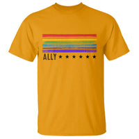 Retro Rainbow Ally Distressed Stripes Graphic T Shirt LGBTQ Support Pride Month