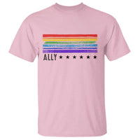 Retro Rainbow Ally Distressed Stripes Graphic T Shirt LGBTQ Support Pride Month