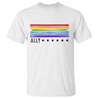 Retro Rainbow Ally Distressed Stripes Graphic T Shirt LGBTQ Support Pride Month