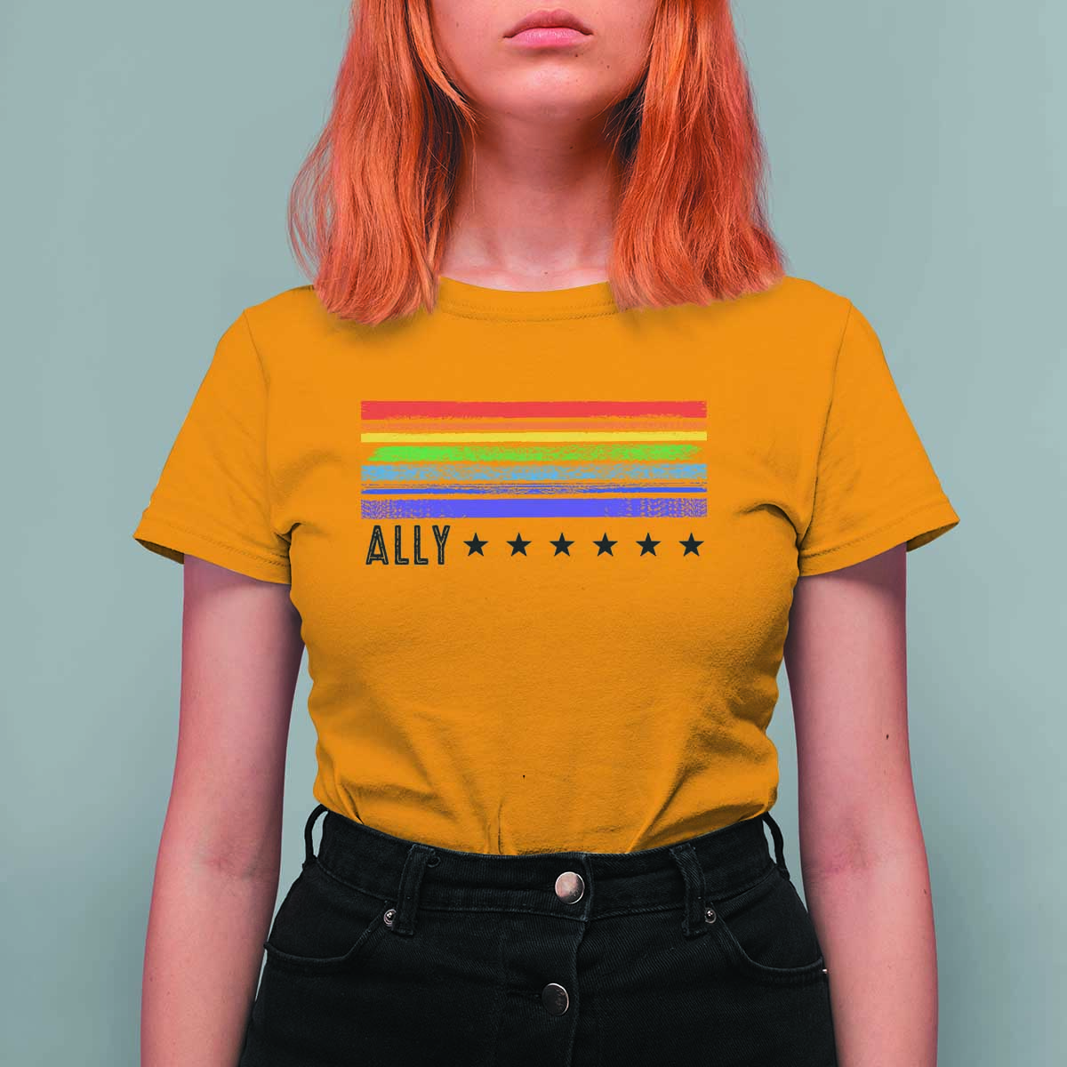 Retro Rainbow Ally Distressed Stripes Graphic T Shirt For Women LGBTQ Support Pride Month