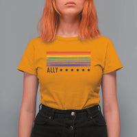 Retro Rainbow Ally Distressed Stripes Graphic T Shirt For Women LGBTQ Support Pride Month