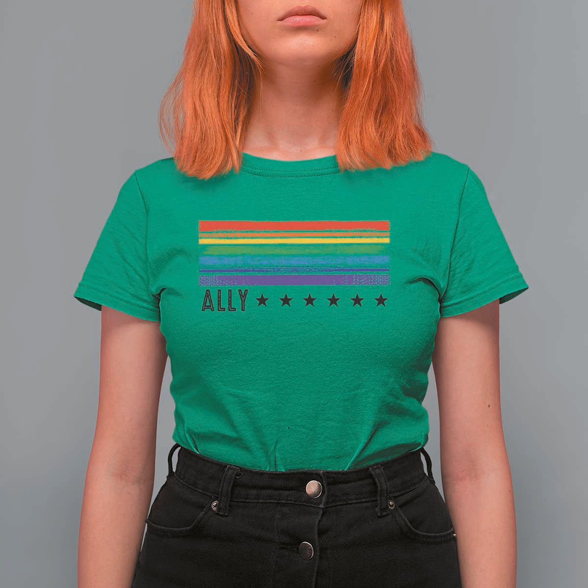 Retro Rainbow Ally Distressed Stripes Graphic T Shirt For Women LGBTQ Support Pride Month