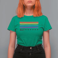Retro Rainbow Ally Distressed Stripes Graphic T Shirt For Women LGBTQ Support Pride Month