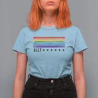 Retro Rainbow Ally Distressed Stripes Graphic T Shirt For Women LGBTQ Support Pride Month