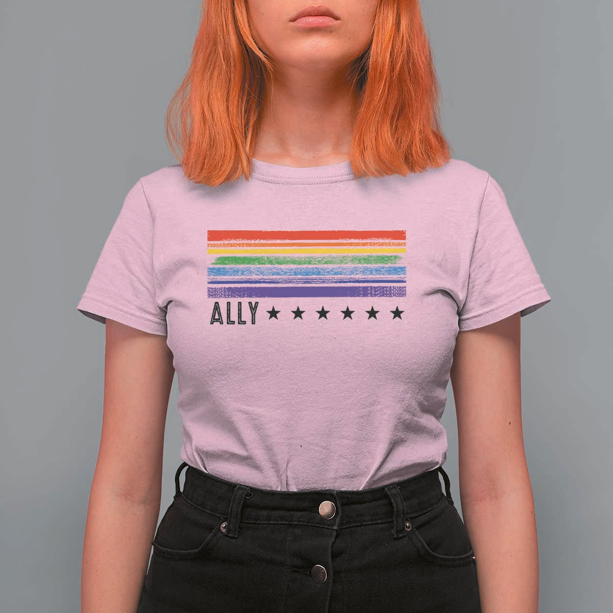 Retro Rainbow Ally Distressed Stripes Graphic T Shirt For Women LGBTQ Support Pride Month
