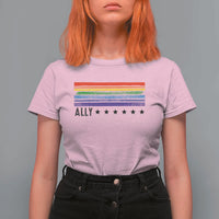 Retro Rainbow Ally Distressed Stripes Graphic T Shirt For Women LGBTQ Support Pride Month