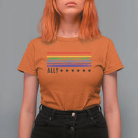Retro Rainbow Ally Distressed Stripes Graphic T Shirt For Women LGBTQ Support Pride Month