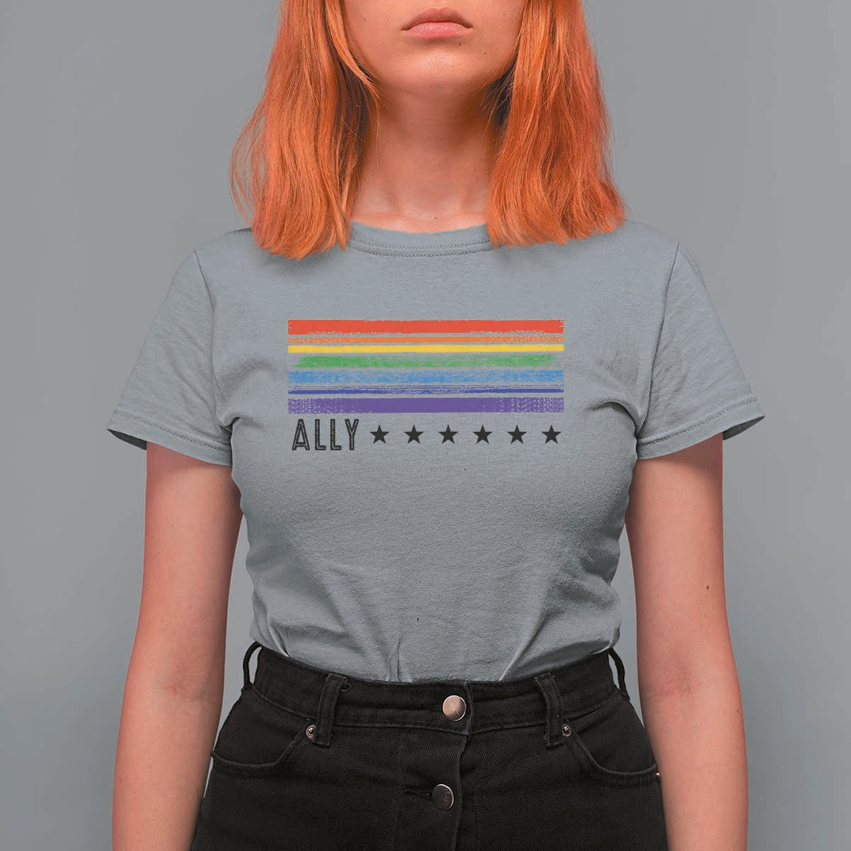 Retro Rainbow Ally Distressed Stripes Graphic T Shirt For Women LGBTQ Support Pride Month