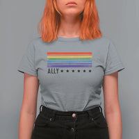 Retro Rainbow Ally Distressed Stripes Graphic T Shirt For Women LGBTQ Support Pride Month