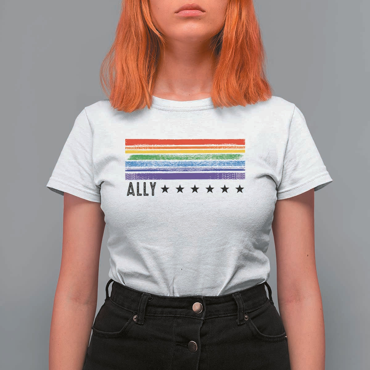 Retro Rainbow Ally Distressed Stripes Graphic T Shirt For Women LGBTQ Support Pride Month