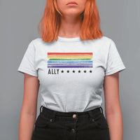 Retro Rainbow Ally Distressed Stripes Graphic T Shirt For Women LGBTQ Support Pride Month