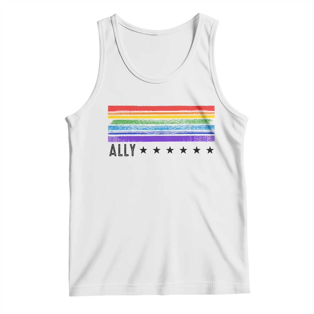 Retro Rainbow Ally Distressed Stripes Graphic Tank Top LGBTQ Support Pride Month
