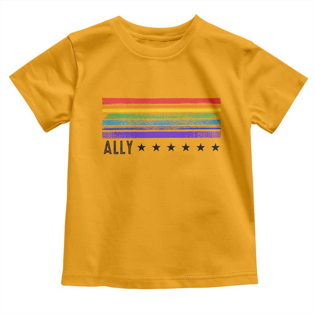 Retro Rainbow Ally Distressed Stripes Graphic Toddler T Shirt LGBTQ Support Pride Month