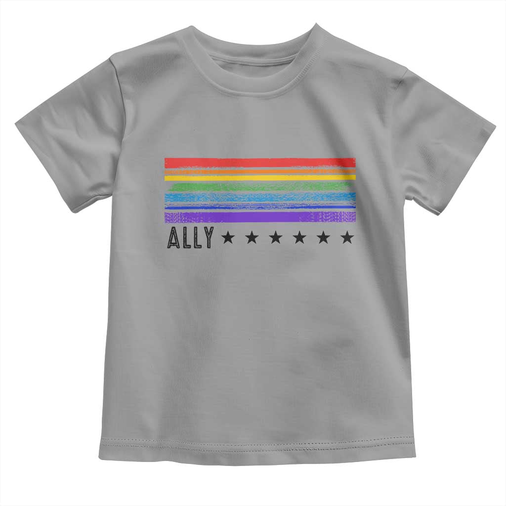Retro Rainbow Ally Distressed Stripes Graphic Toddler T Shirt LGBTQ Support Pride Month