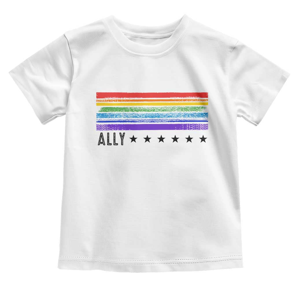 Retro Rainbow Ally Distressed Stripes Graphic Toddler T Shirt LGBTQ Support Pride Month