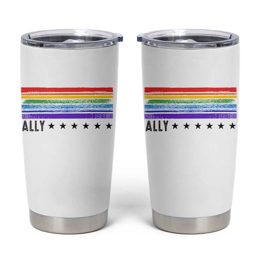 Retro Rainbow Ally Distressed Stripes Graphic Tumbler Cup LGBTQ Support Pride Month