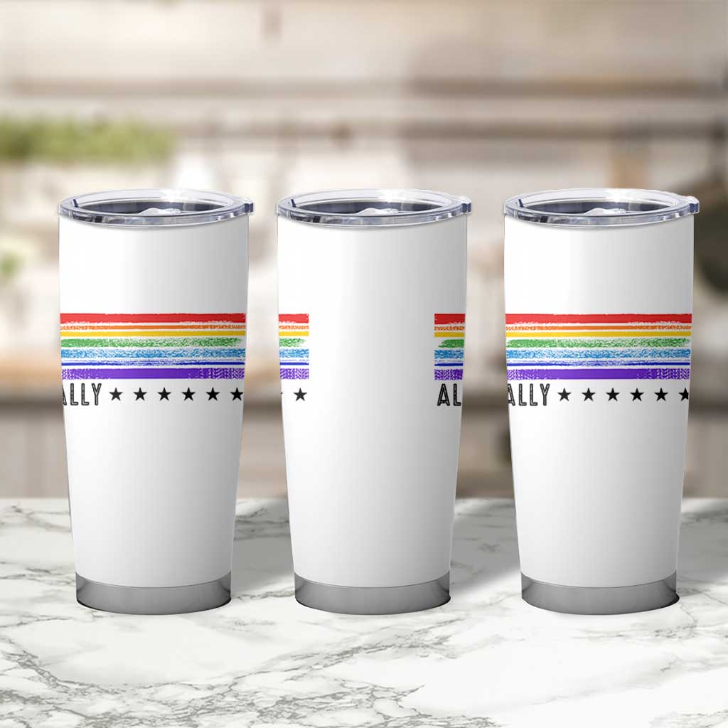 Retro Rainbow Ally Distressed Stripes Graphic Tumbler Cup LGBTQ Support Pride Month
