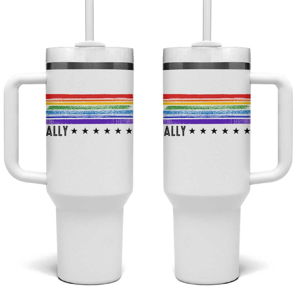 Retro Rainbow Ally Distressed Stripes Graphic Tumbler With Handle LGBTQ Support Pride Month