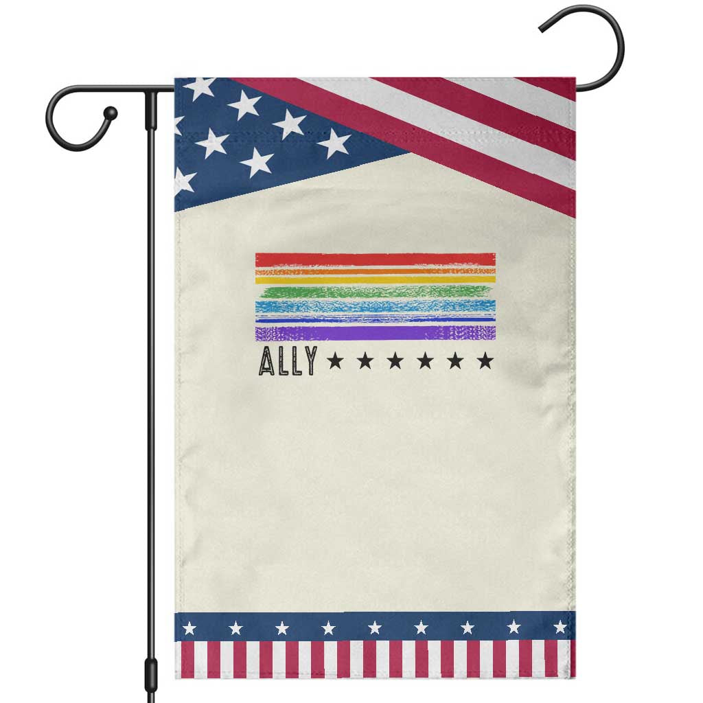 Retro Rainbow Ally Distressed Stripes Graphic Patriotic Garden Flag LGBTQ Support Pride Month