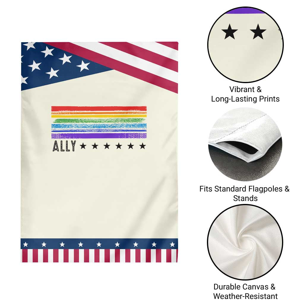 Retro Rainbow Ally Distressed Stripes Graphic Patriotic Garden Flag LGBTQ Support Pride Month