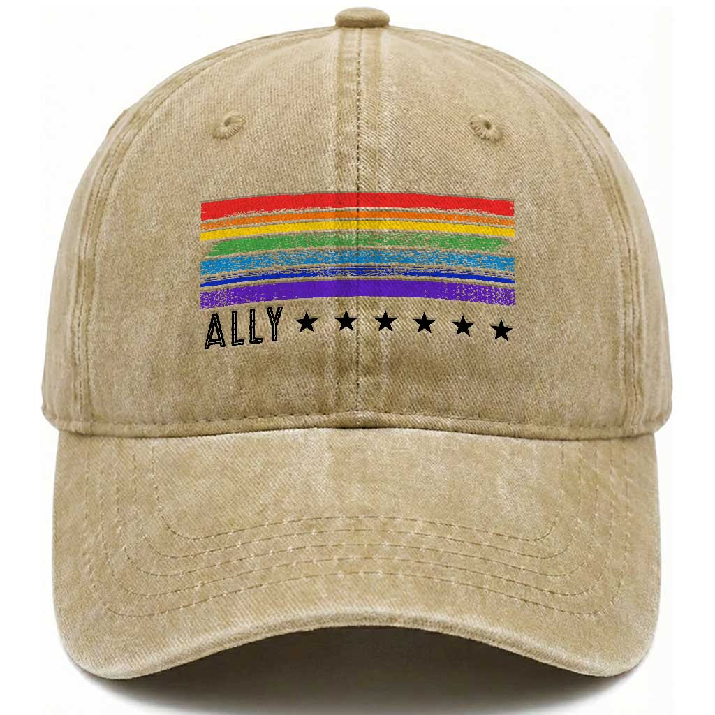 Retro Rainbow Ally Distressed Stripes Graphic Washed Cotton Baseball Cap LGBTQ Support Pride Month