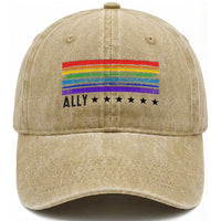 Retro Rainbow Ally Distressed Stripes Graphic Washed Cotton Baseball Cap LGBTQ Support Pride Month