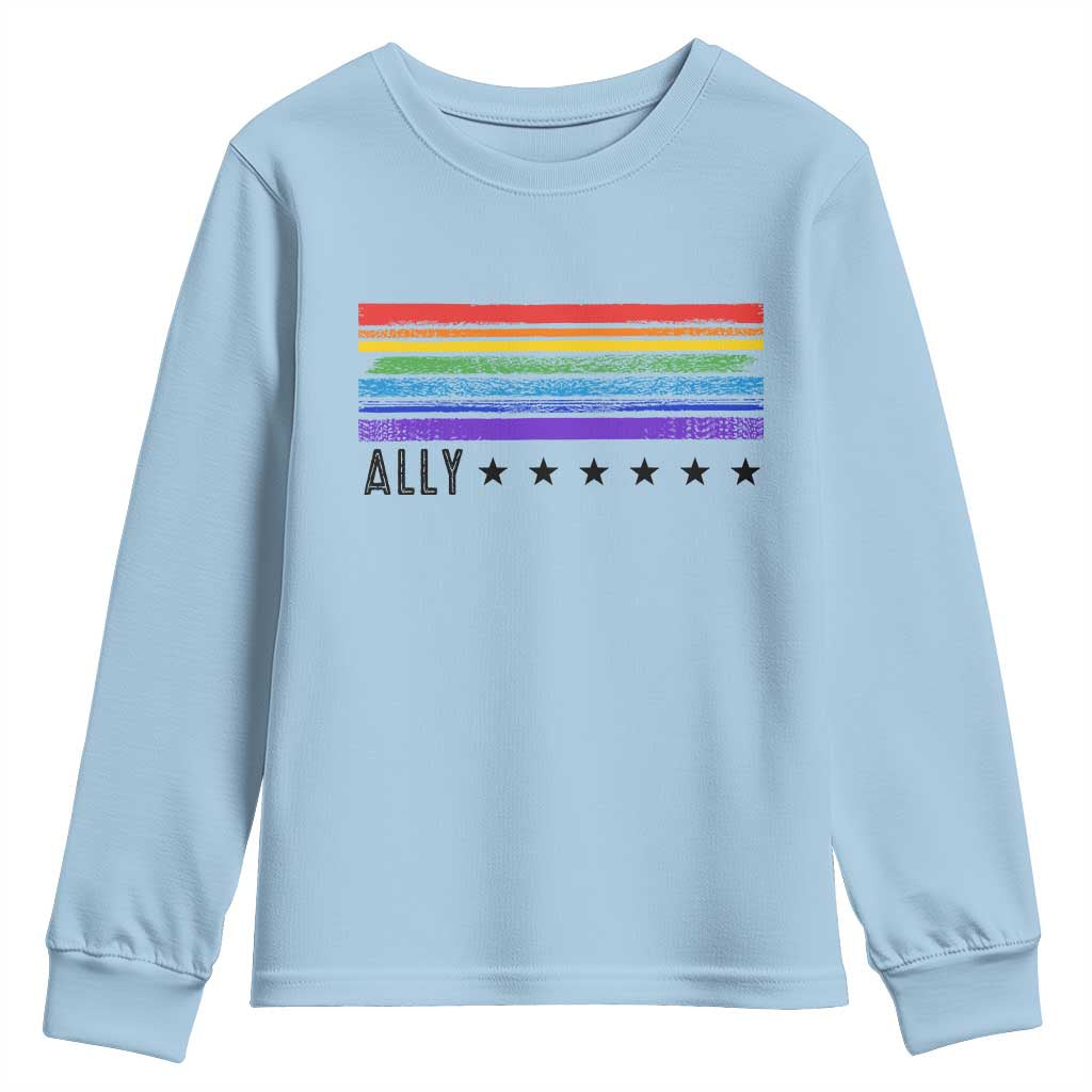 Retro Rainbow Ally Distressed Stripes Graphic Youth Sweatshirt LGBTQ Support Pride Month