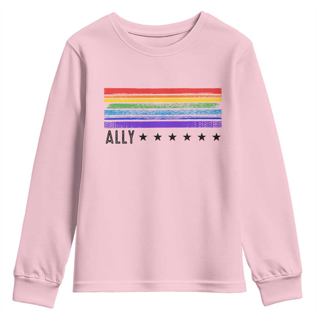 Retro Rainbow Ally Distressed Stripes Graphic Youth Sweatshirt LGBTQ Support Pride Month