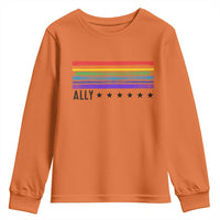 Retro Rainbow Ally Distressed Stripes Graphic Youth Sweatshirt LGBTQ Support Pride Month
