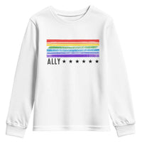 Retro Rainbow Ally Distressed Stripes Graphic Youth Sweatshirt LGBTQ Support Pride Month