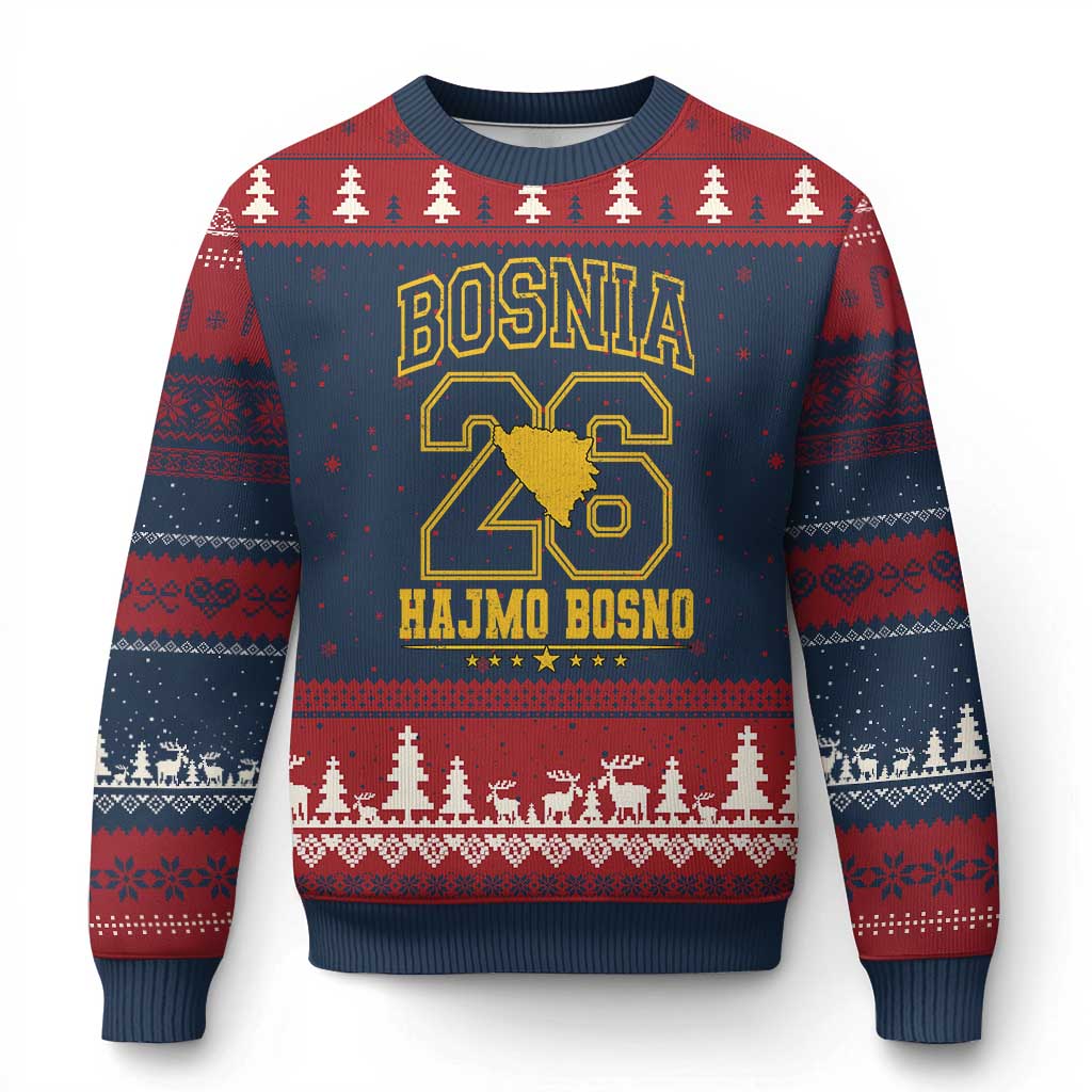 Lets Go Bosnia 2026 Hajmo Bosno Vintage Varsity Sports Style Ugly Christmas Sweater Bosnia Herzegovina Map Soccer Lover Football Fan
