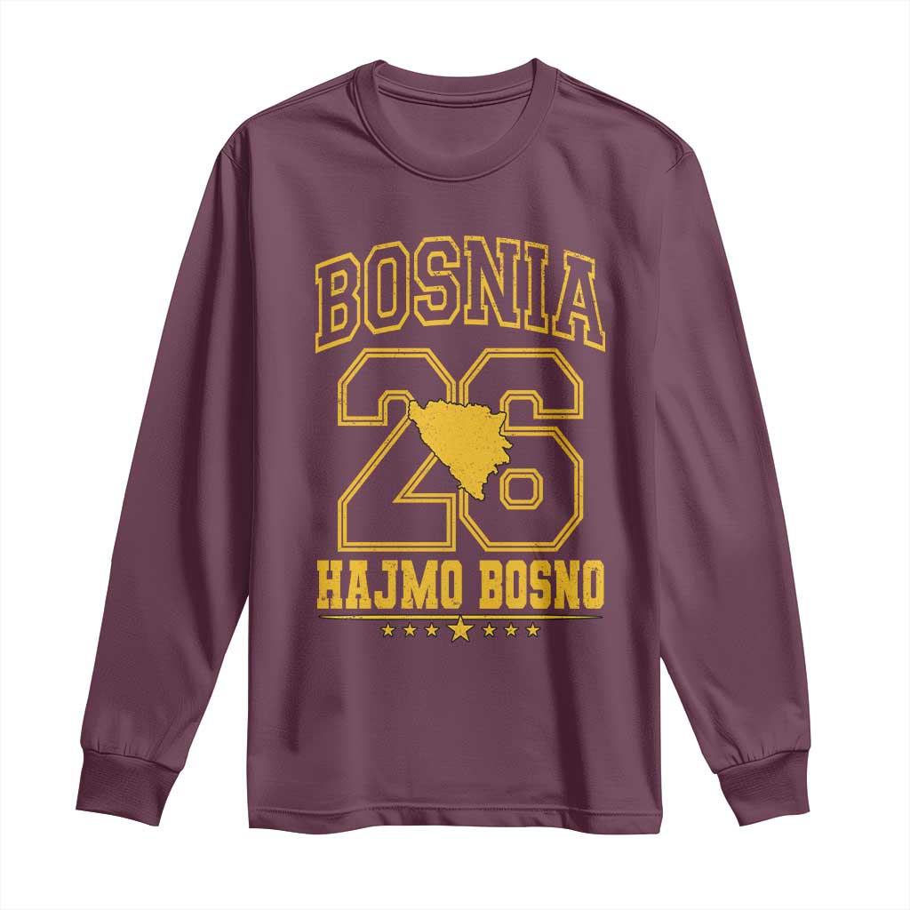 Lets Go Bosnia 2026 Hajmo Bosno Vintage Varsity Sports Style Long Sleeve Shirt Bosnia Herzegovina Map Soccer Lover Football Fan