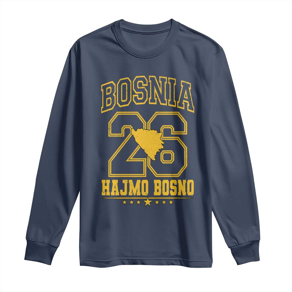 Lets Go Bosnia 2026 Hajmo Bosno Vintage Varsity Sports Style Long Sleeve Shirt Bosnia Herzegovina Map Soccer Lover Football Fan